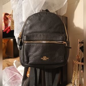 Coach Pebbled Black Leather Backpack with Gold Zippers Like New